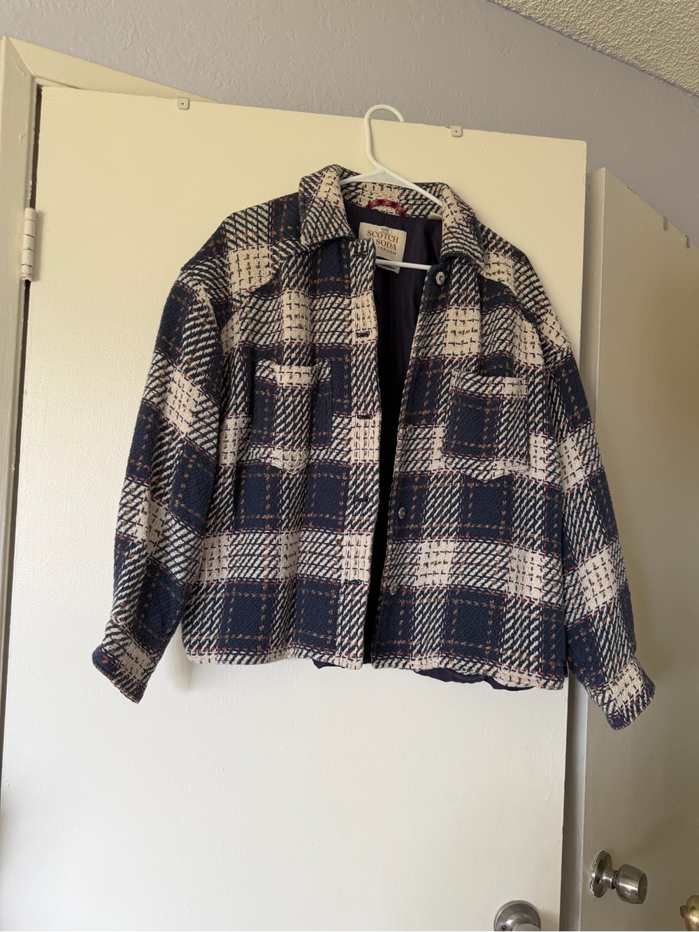 Scotch & Soda Navy and Cream Plaid Utility Shacket